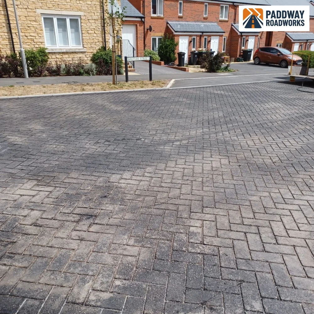 Large herringbone block paved residential turning area